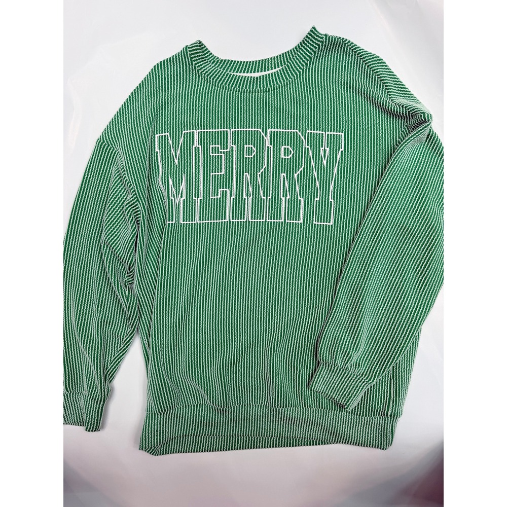Merry Christmas Green White Striped Corded Sweatshirt Womens Medium Holiday